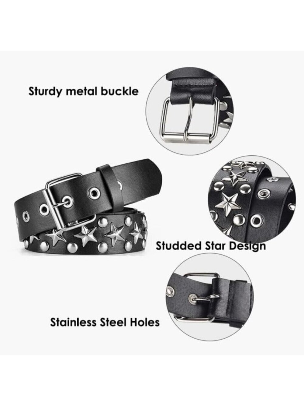 Women's 1 - Black Star Metal Punk Rock Rivet Belt With Bright Pyramid Studded - Picture 5 of 8